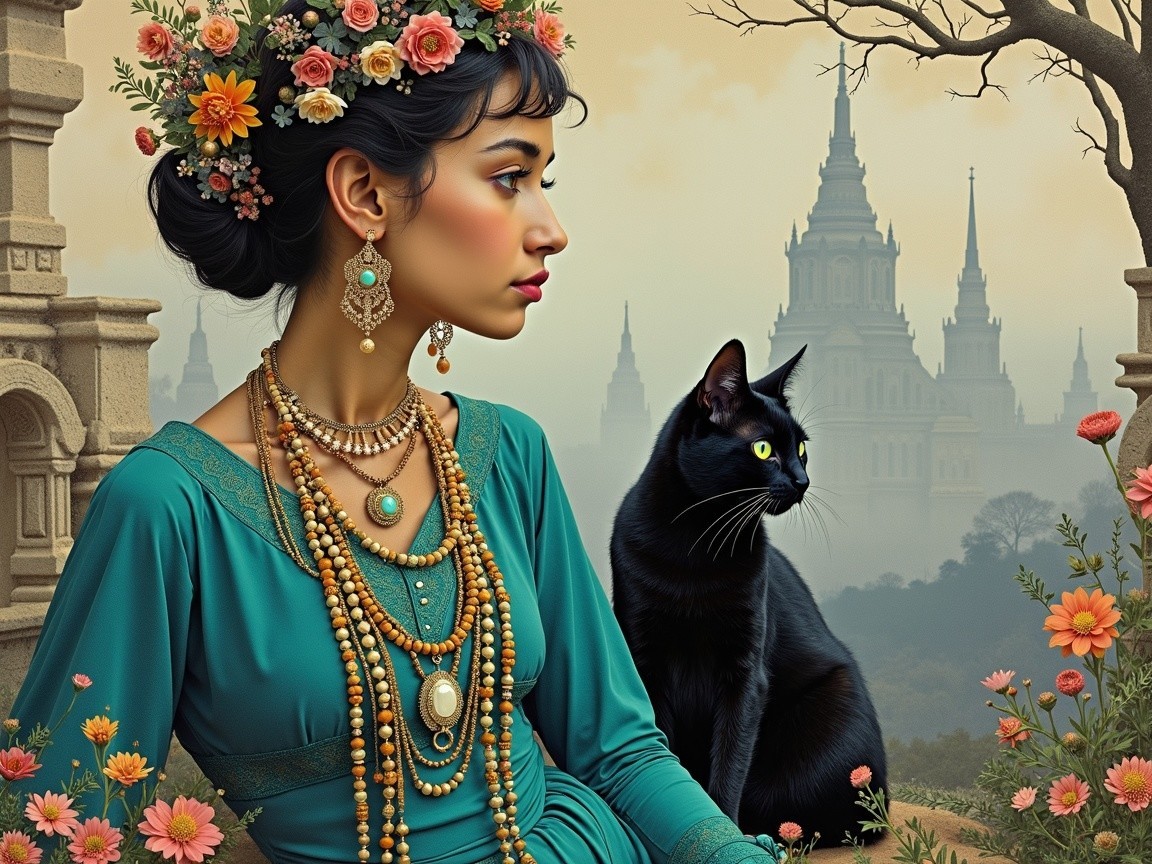 Woman in Teal Garment with Black Cat and Flowers