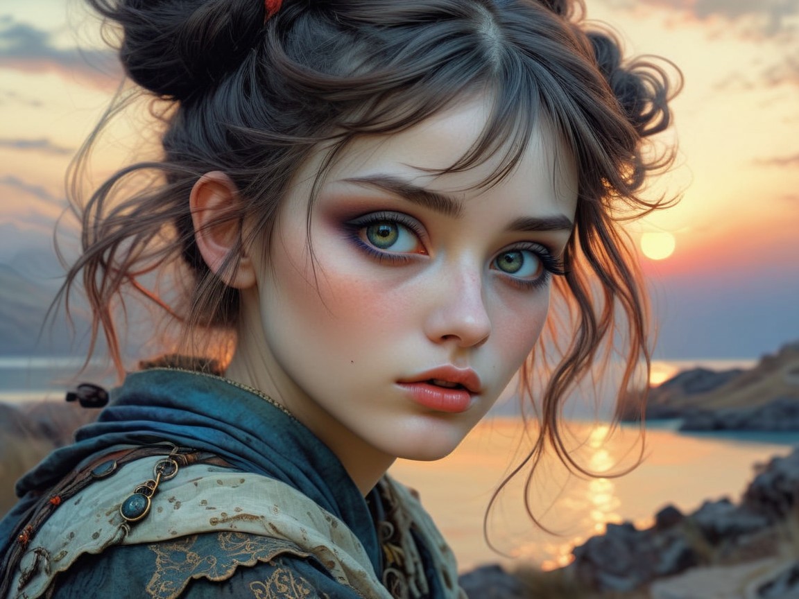 Young woman with green eyes in vintage outfit by sunset
