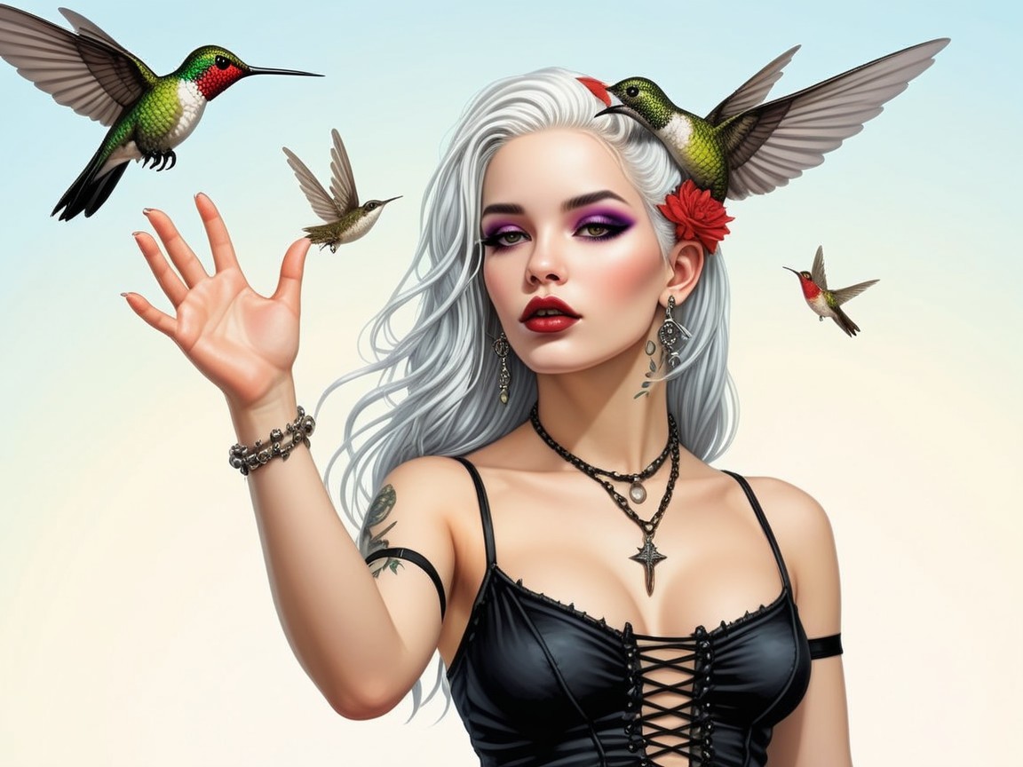 Striking Woman with Silver Hair and Colorful Hummingbirds