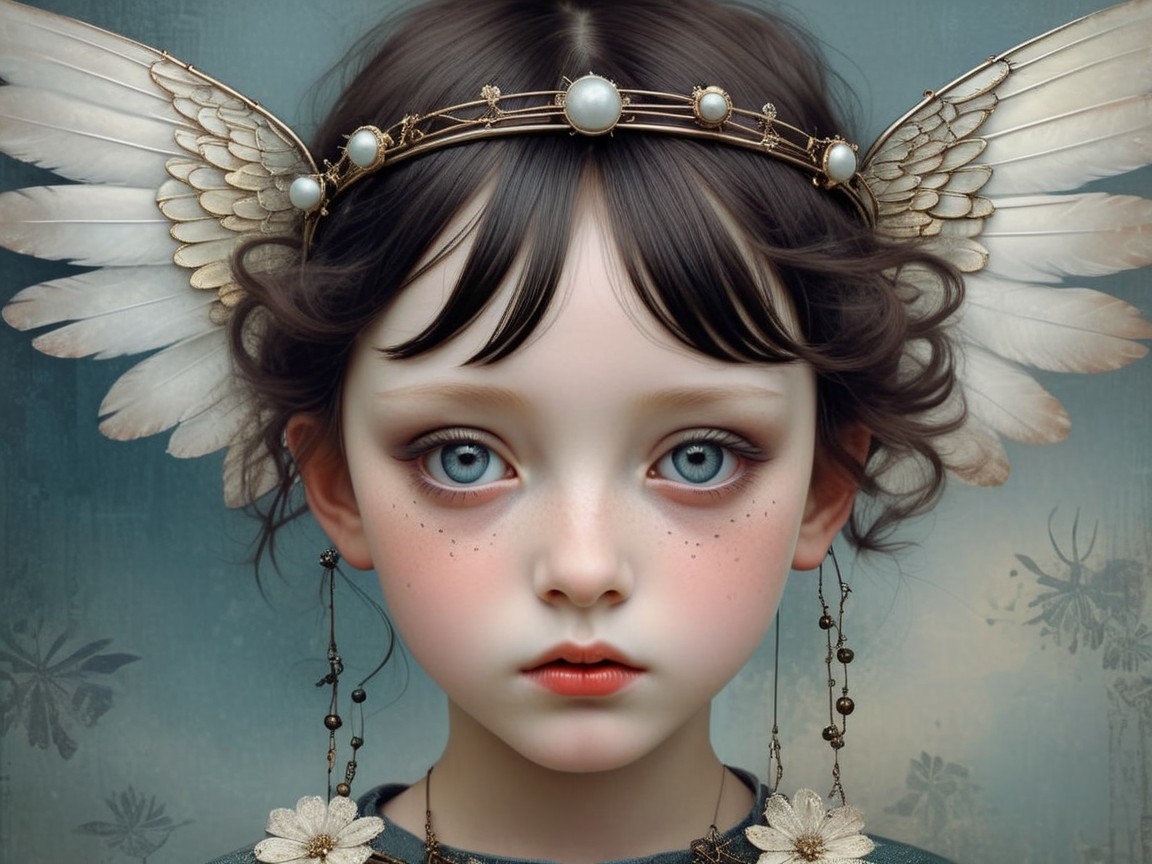 Portrait of a girl with blue eyes and ethereal wings