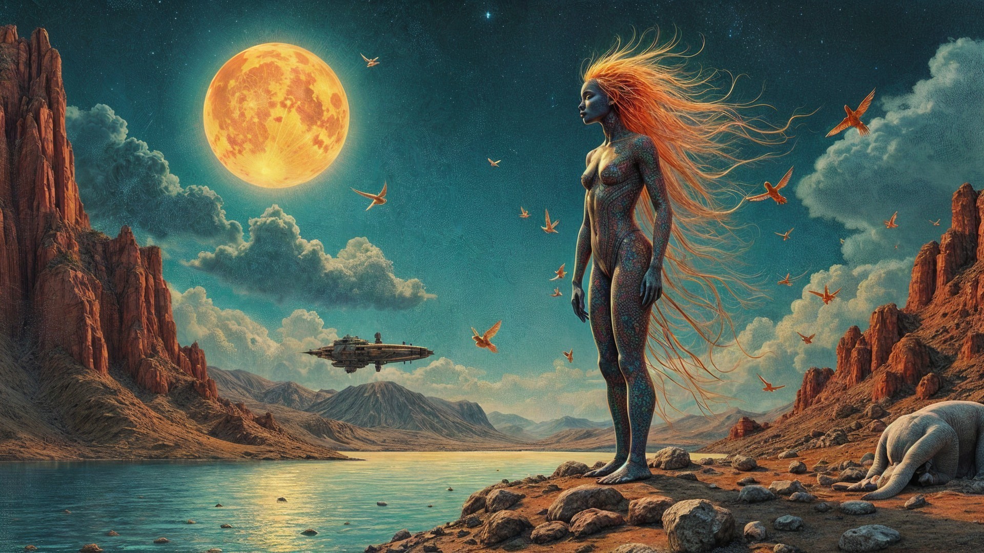 Fantastical Landscape with Ethereal Figure and Moonlight