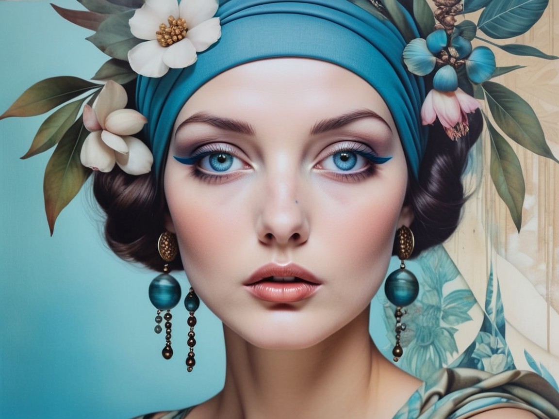 Portrait of a Woman with Blue Eyes and Headscarf