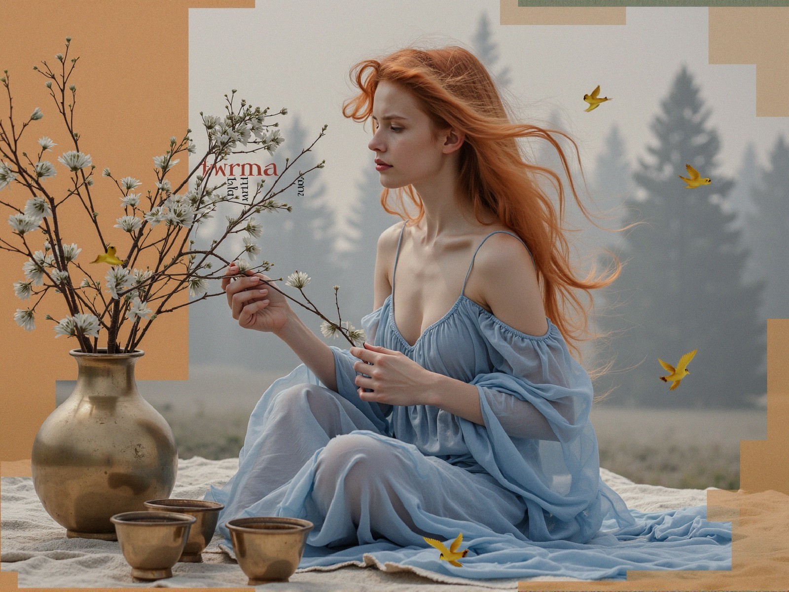 Serene Woman in Blue Dress Surrounded by Nature