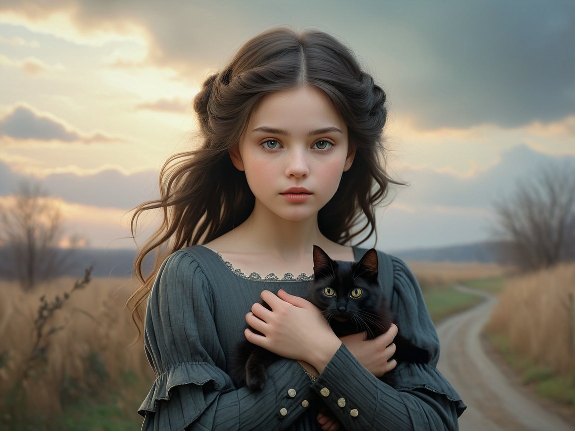 Young girl in vintage dress holding a black cat at sunset