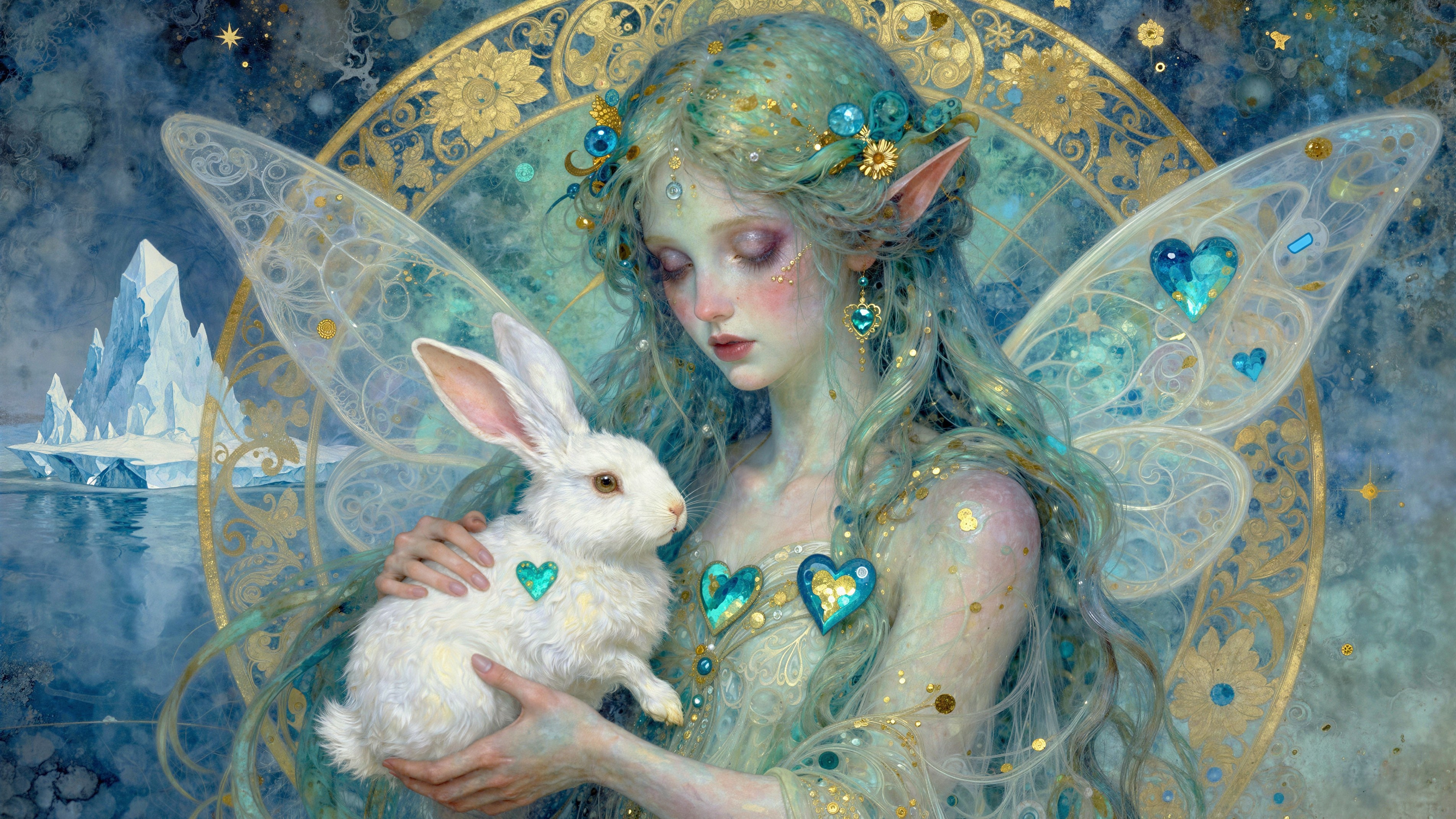Ethereal Fairy with Blue-Green Hair and Rabbit