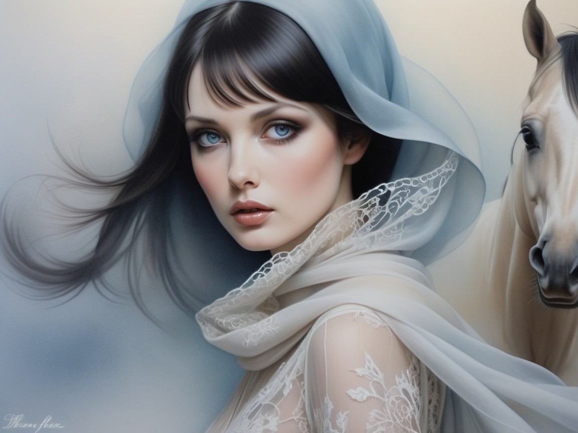 Elegant Woman with Veil and Majestic Horse