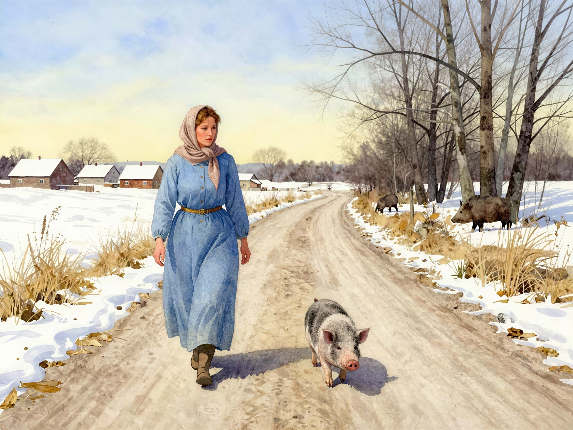 Watercolor of a woman in a blue dress with a pig