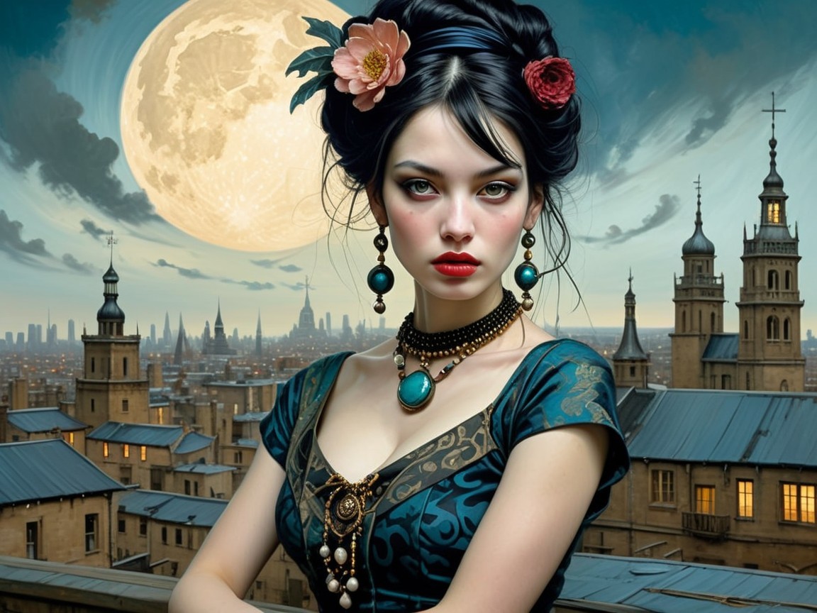 Young woman in elegant dress with moonlit skyline