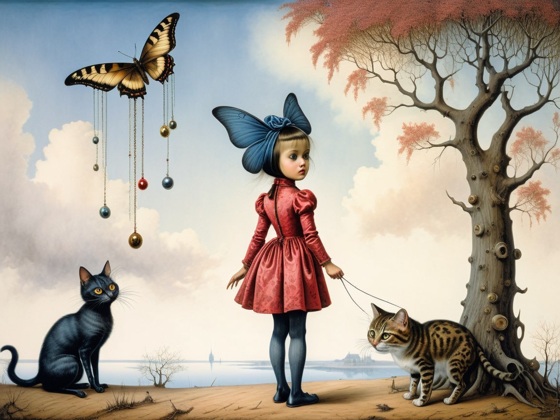 Whimsical Scene of a Girl and Surreal Landscape