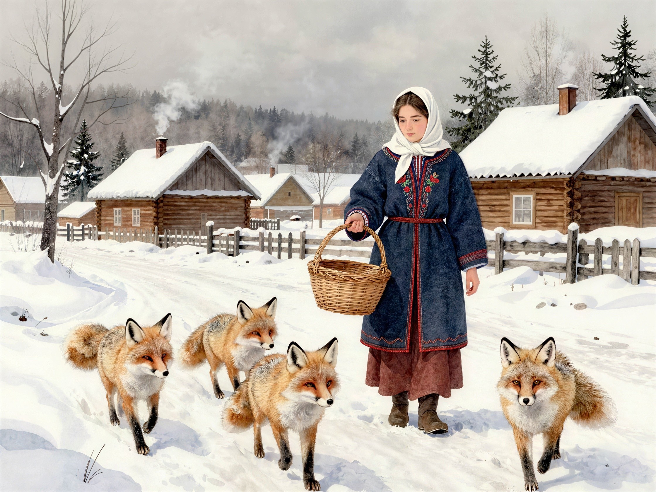 Young Woman in Traditional Attire with Foxes in Snow