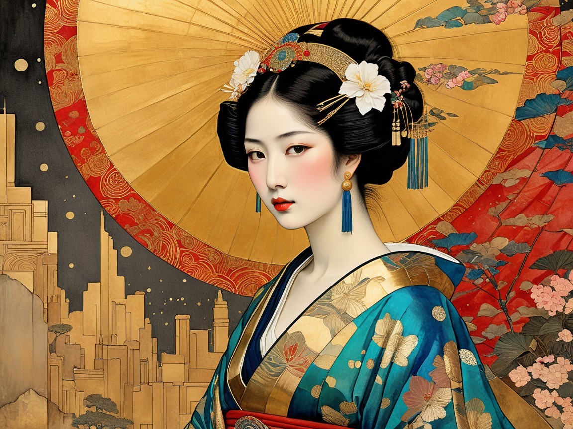 Traditional Kimono with Floral Patterns and Accessories