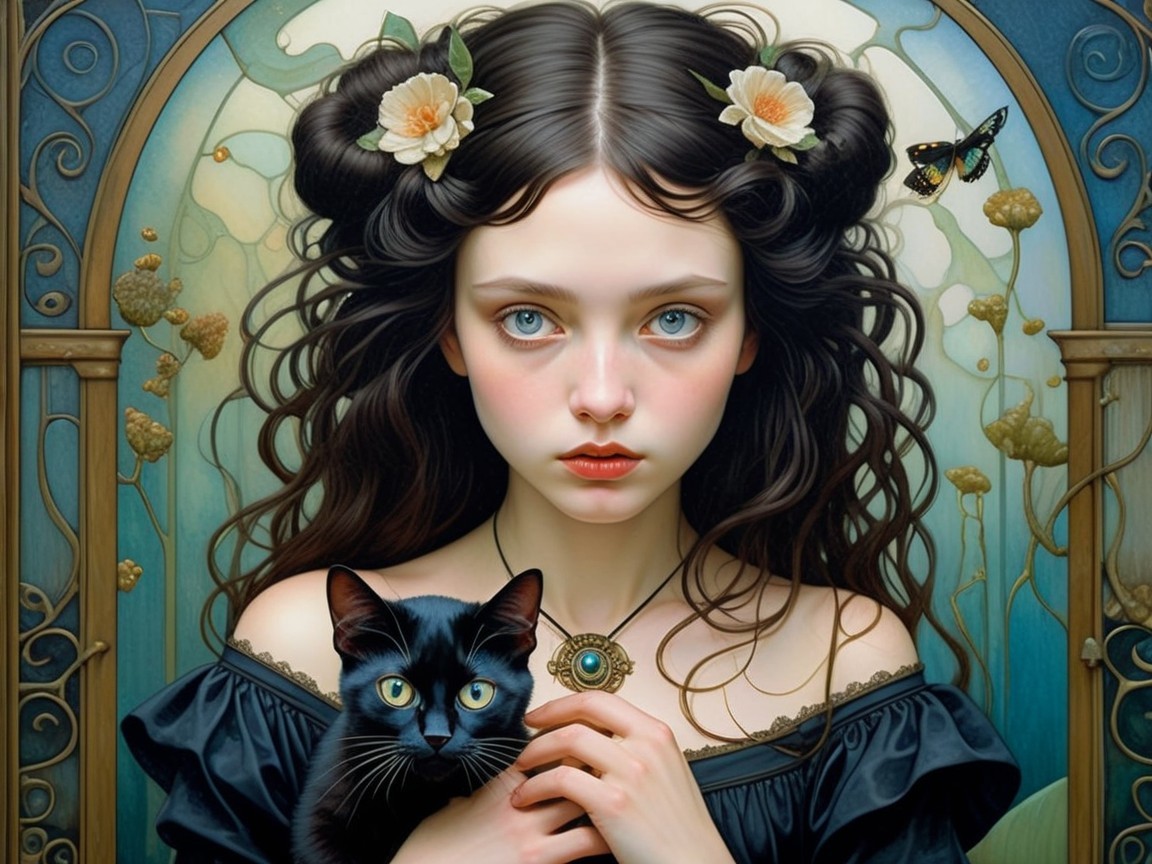 Young girl with black hair and cat in dreamy setting