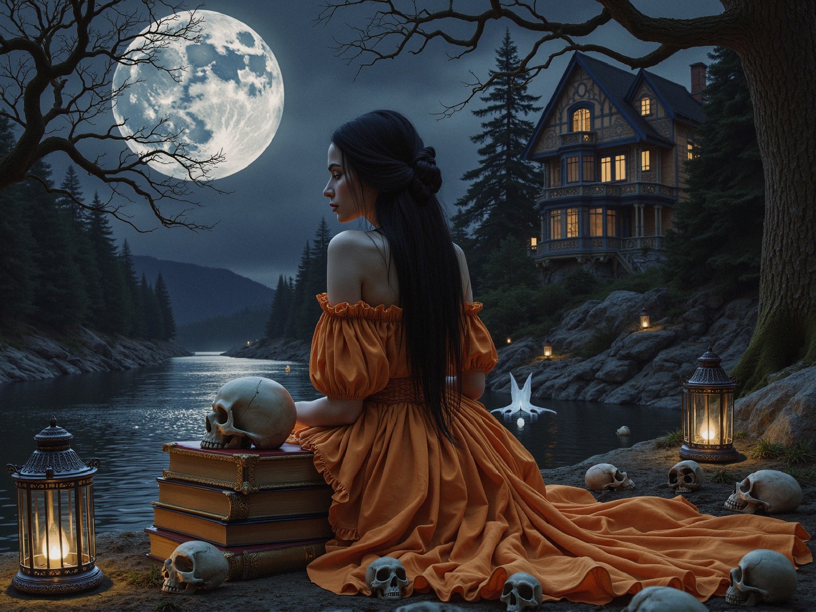 Mystical Moonlit Scene by a River with Books and Skulls