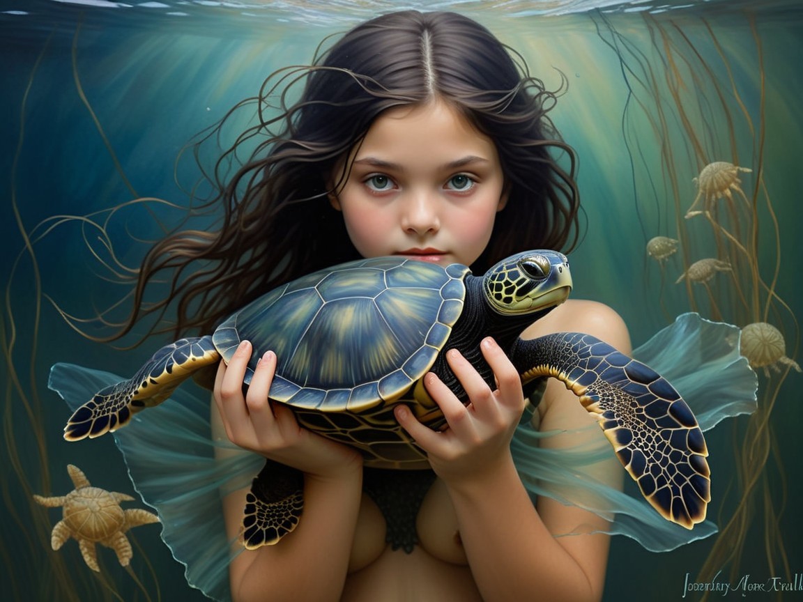 Young girl cradles sea turtle in serene underwater scene