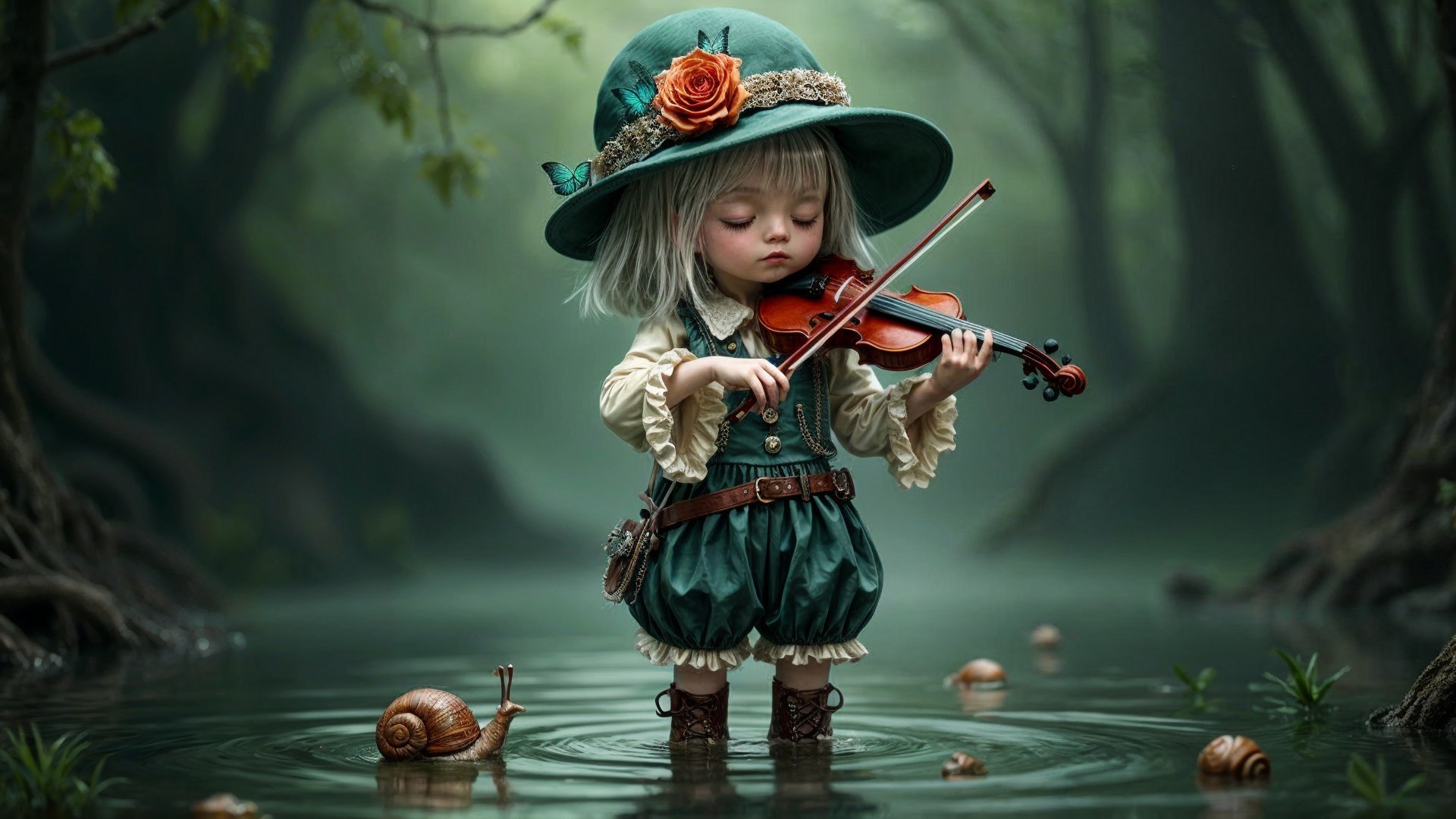 Child in Vintage Outfit Playing Violin in Misty Forest