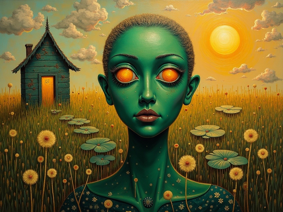 Figure with Green Skin and Orange Eyes in Landscape