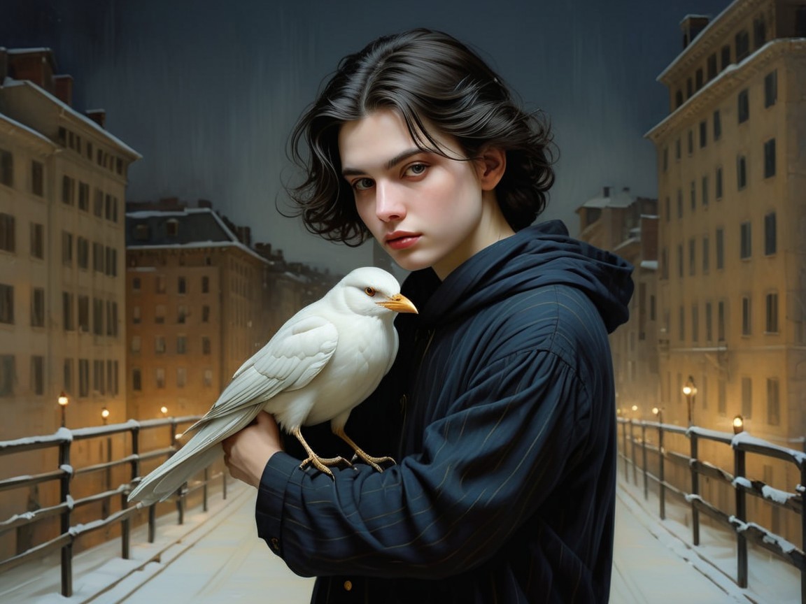 Young person with bird in snowy urban setting