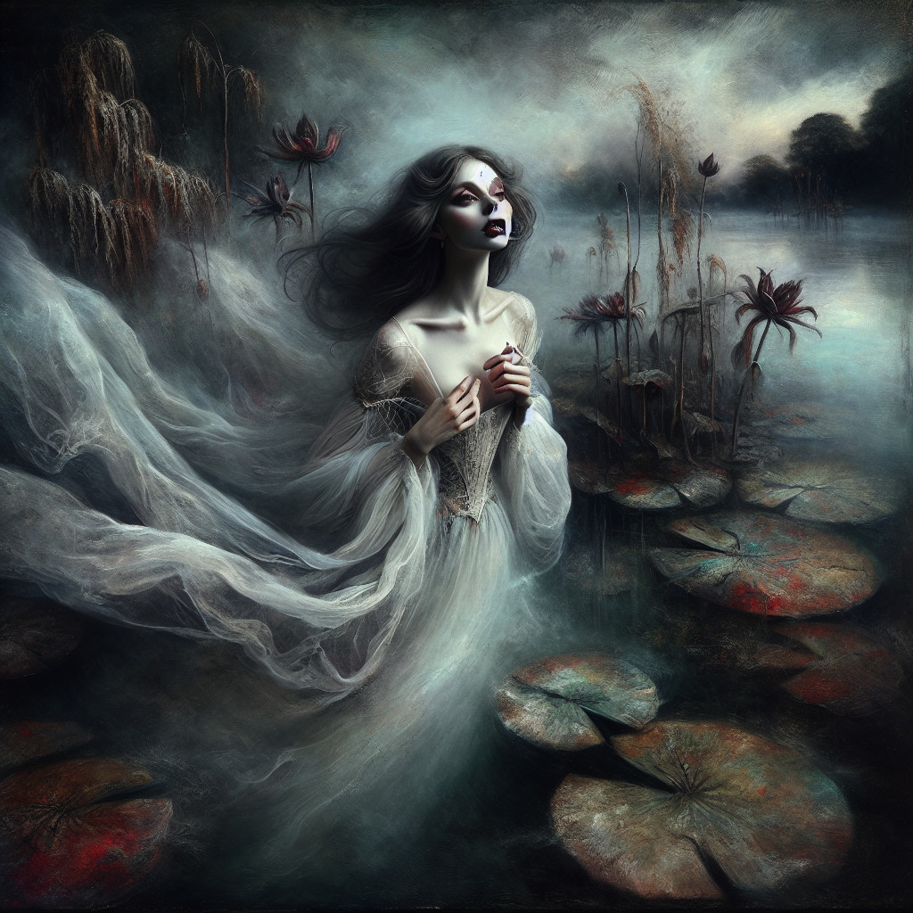 Ghostly Figure on Serene Lake with Misty Atmosphere