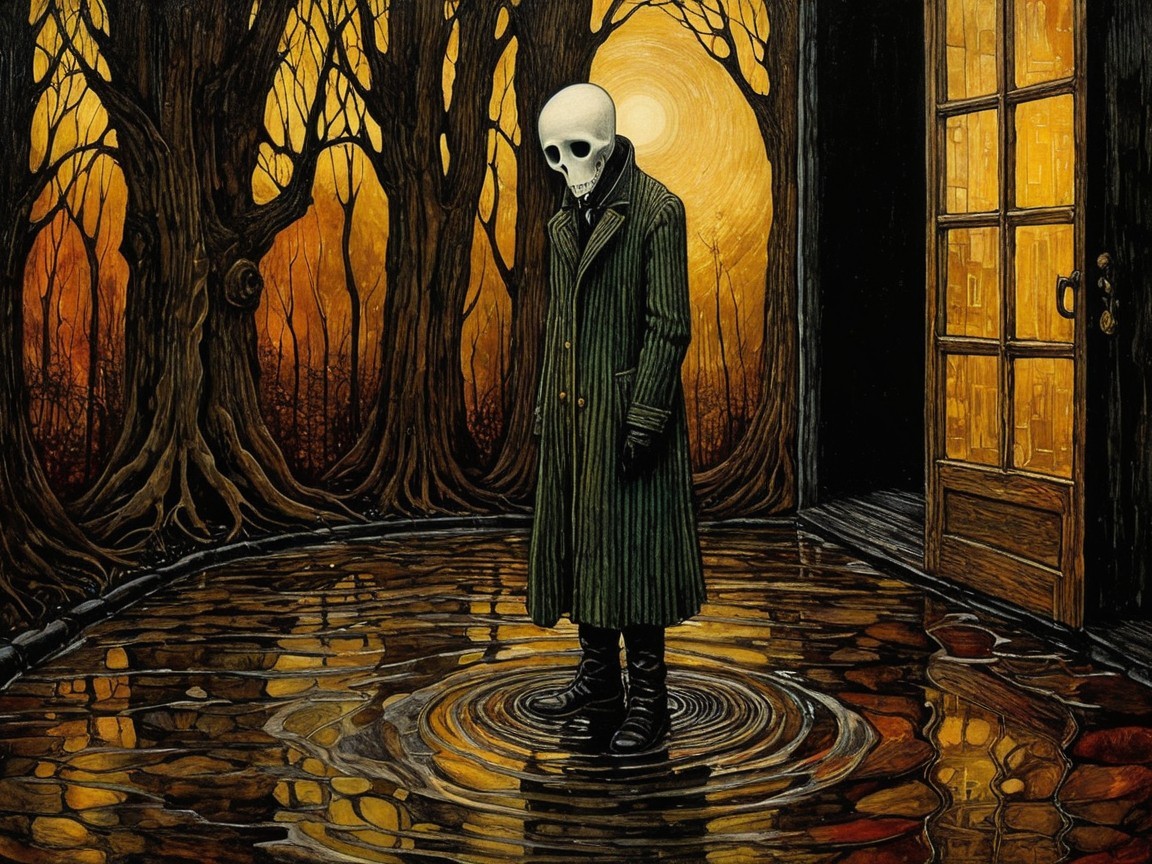 Skeletal Figure in Striped Coat in Dark Forest Scene