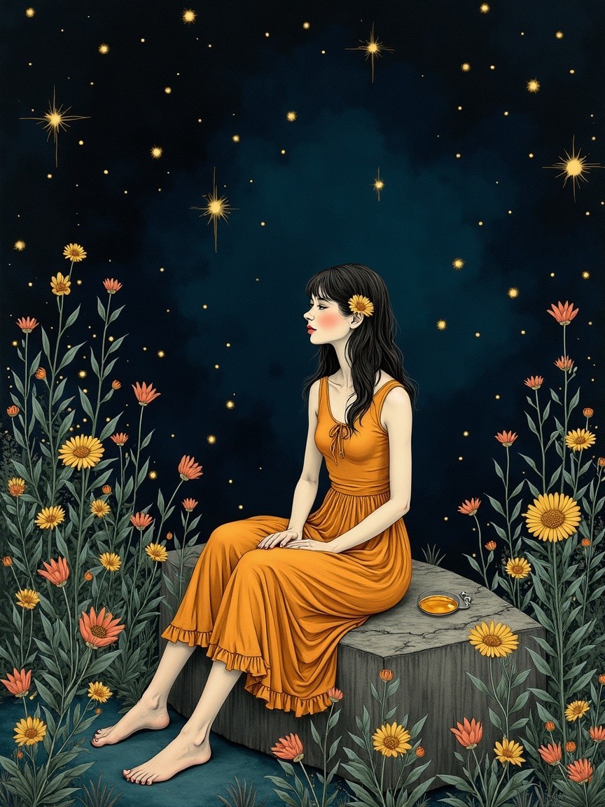 Woman in Orange Dress Sitting Among Wildflowers at Night