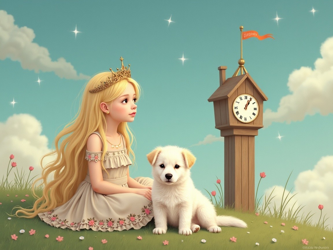 Young girl in dreamy landscape with puppy and flowers
