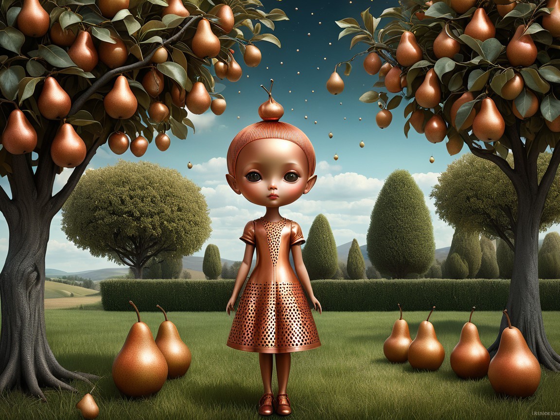 Whimsical Landscape with Doll Figure and Pear Trees