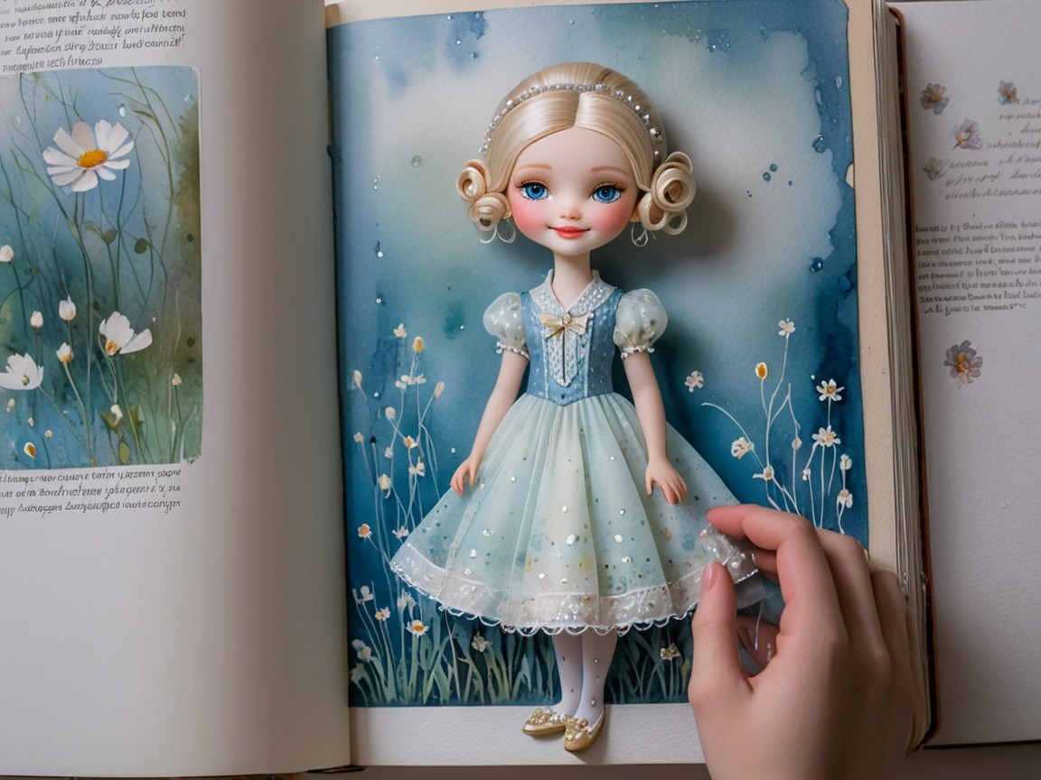 Delicate Doll in Illustrated Book with Flowers