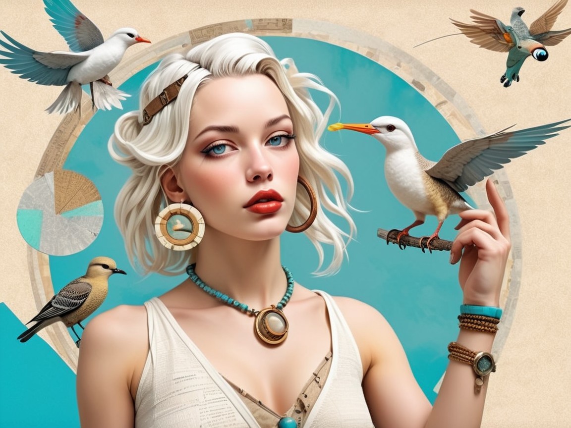 Portrait of a Woman with Birds and Pastel Background