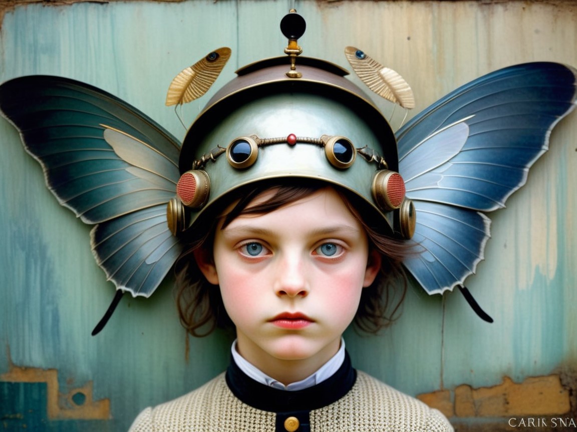 Child with Blue Eyes in Elaborate Insect Wing Headpiece