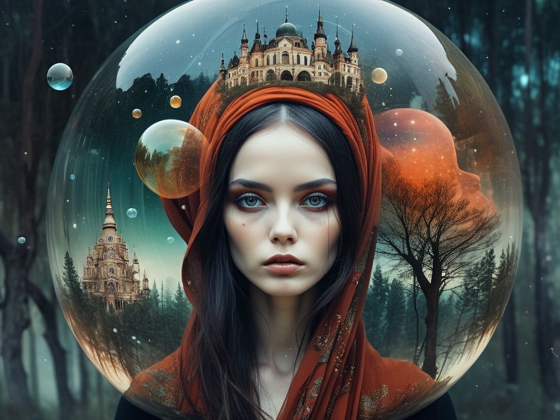 Surreal Scene of Woman in Glass Globe with Landscapes