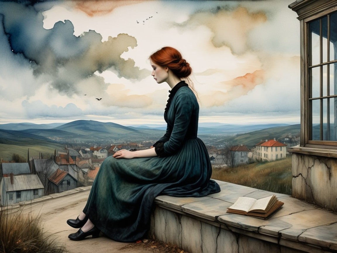 Solitary Woman in Dark Green Dress Overlooking Landscape