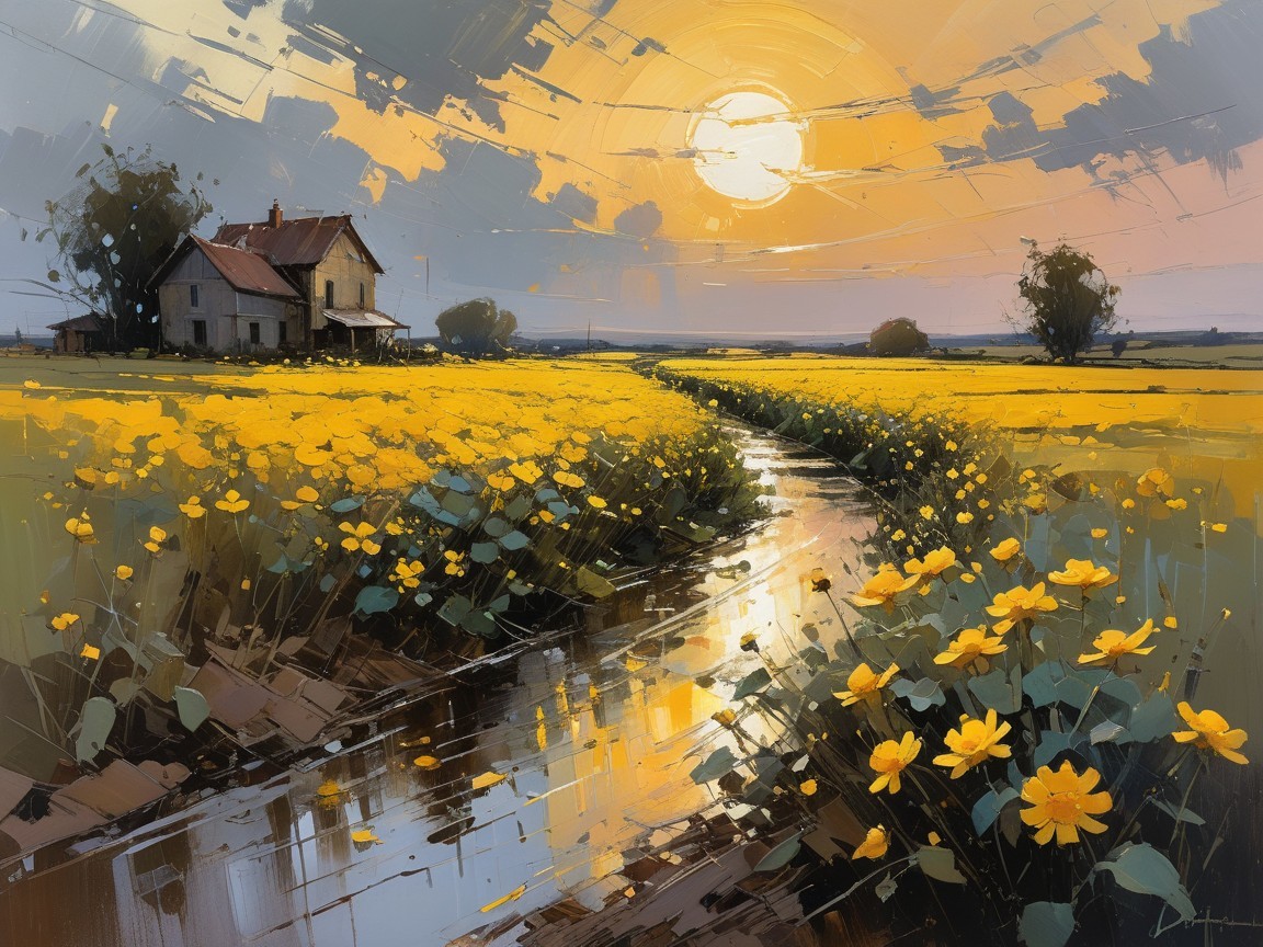 Charming Farmhouse Amidst Vibrant Yellow Flower Field
