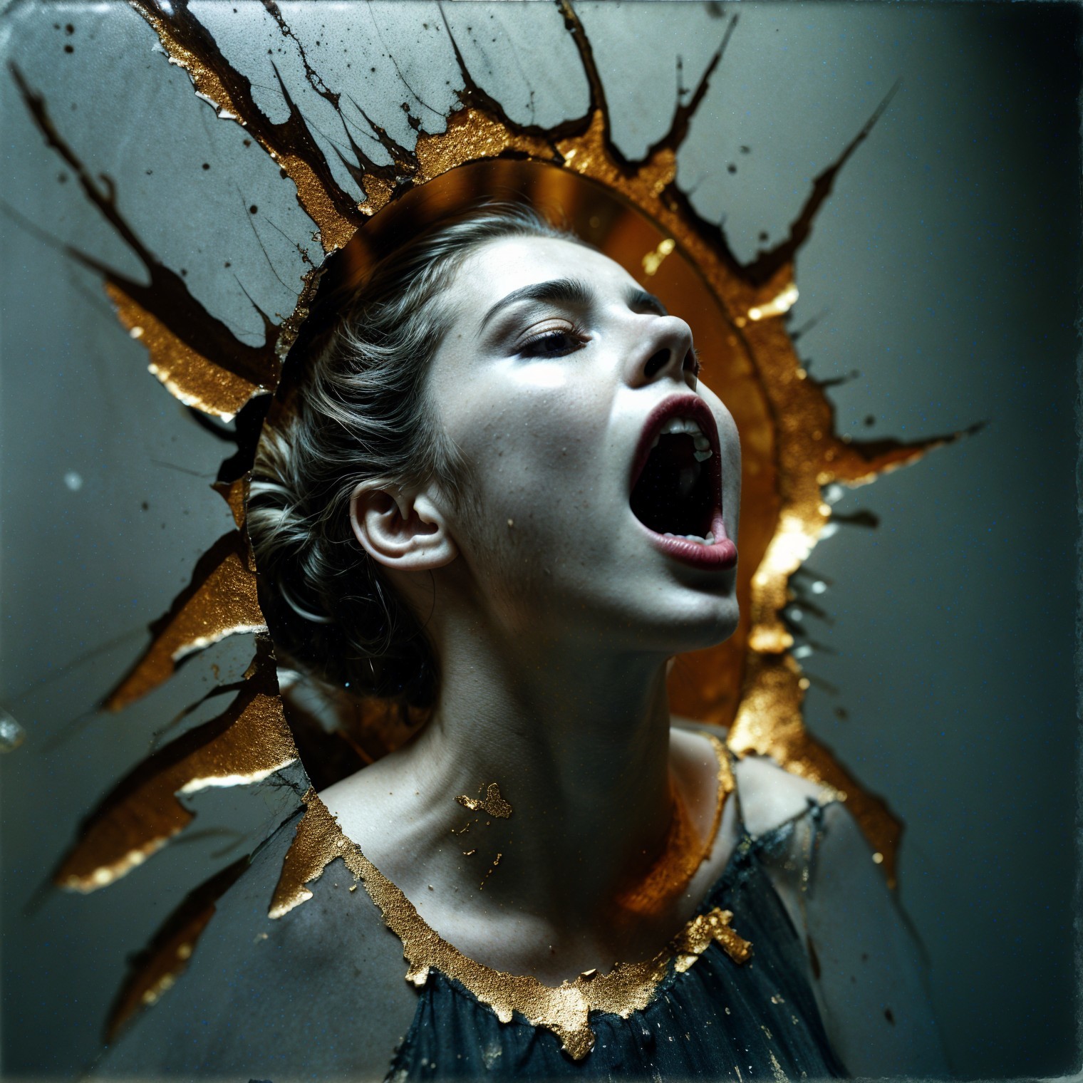 Woman Screaming Against Cracked Golden Wall