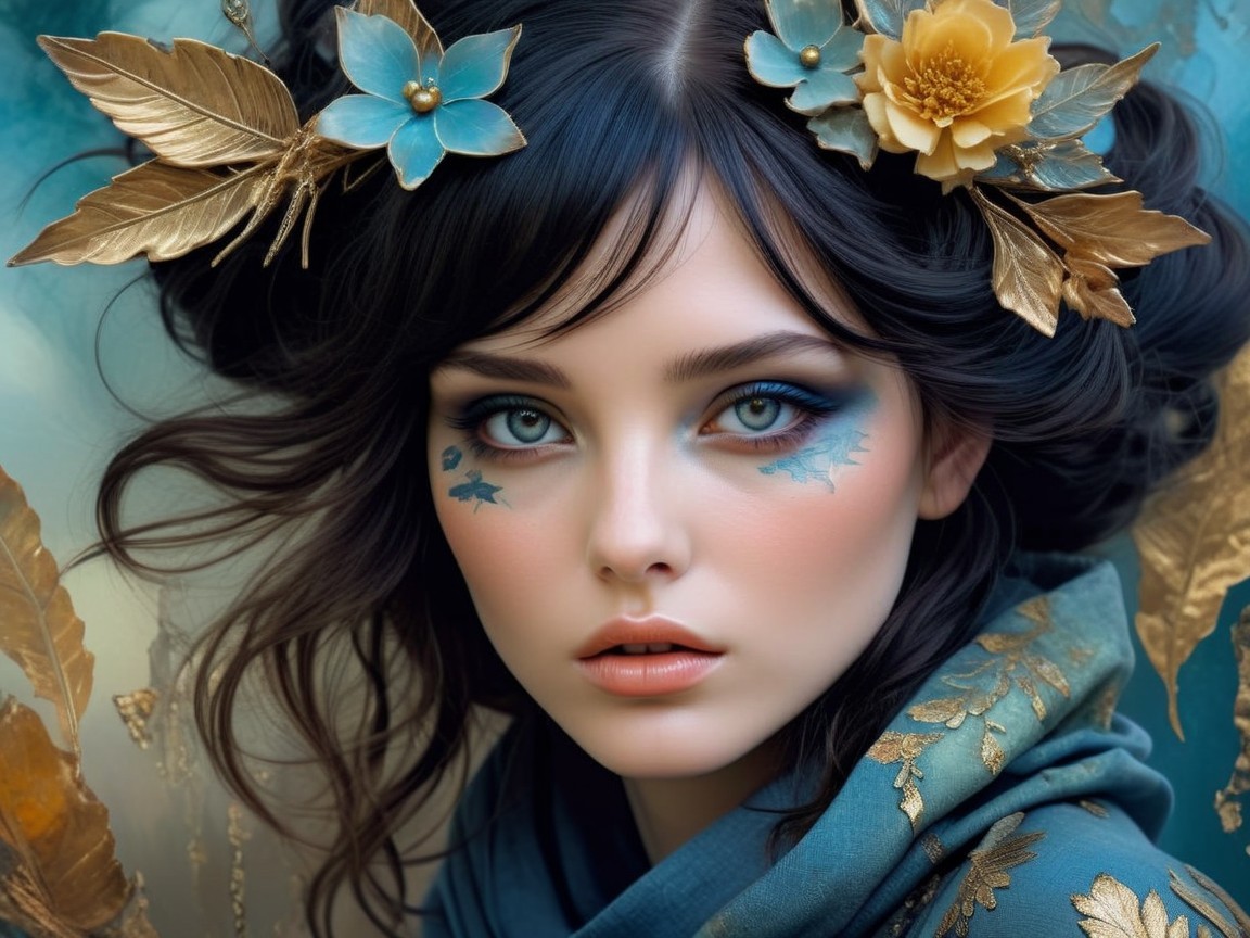 Close-up Portrait of Woman with Blue Makeup and Hair