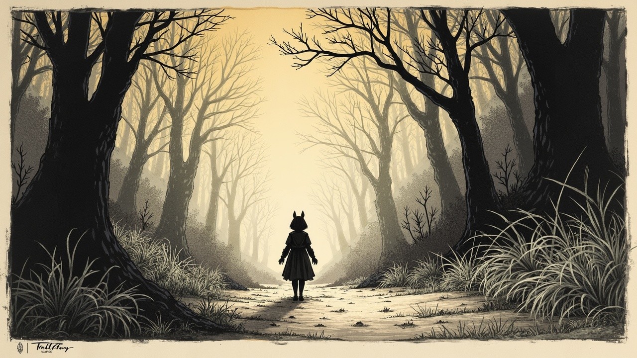 Solitary Figure at Misty Forest Edge with Yellow Light
