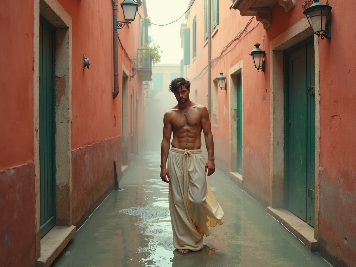 Muscular Man in Misty Alley with Vibrant Walls