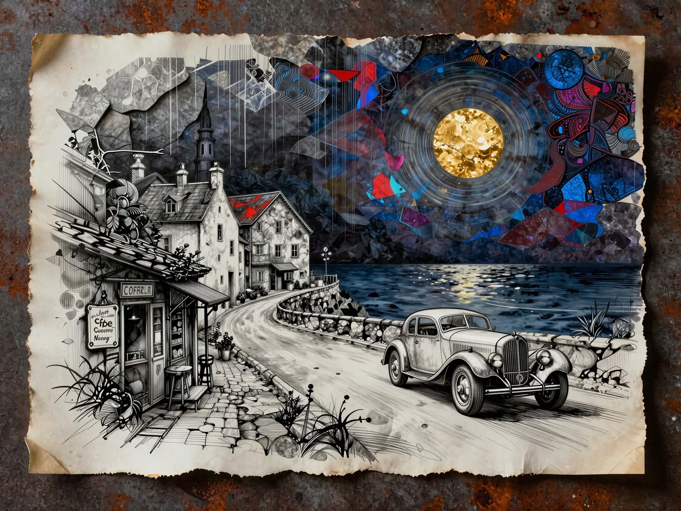 Fantasy Mixed Media of Classic Car by Ocean at Night