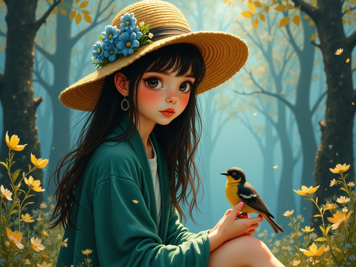 Young girl in straw hat with bird in serene forest