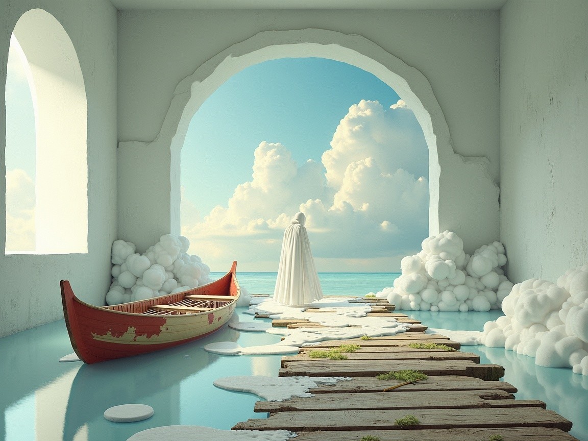 Lone Figure in Cloak by Reflective Water Scene