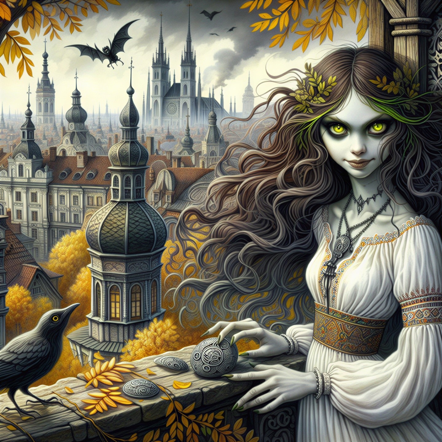 Mysterious Woman on Balcony Overlooking Fantasy Cityscape