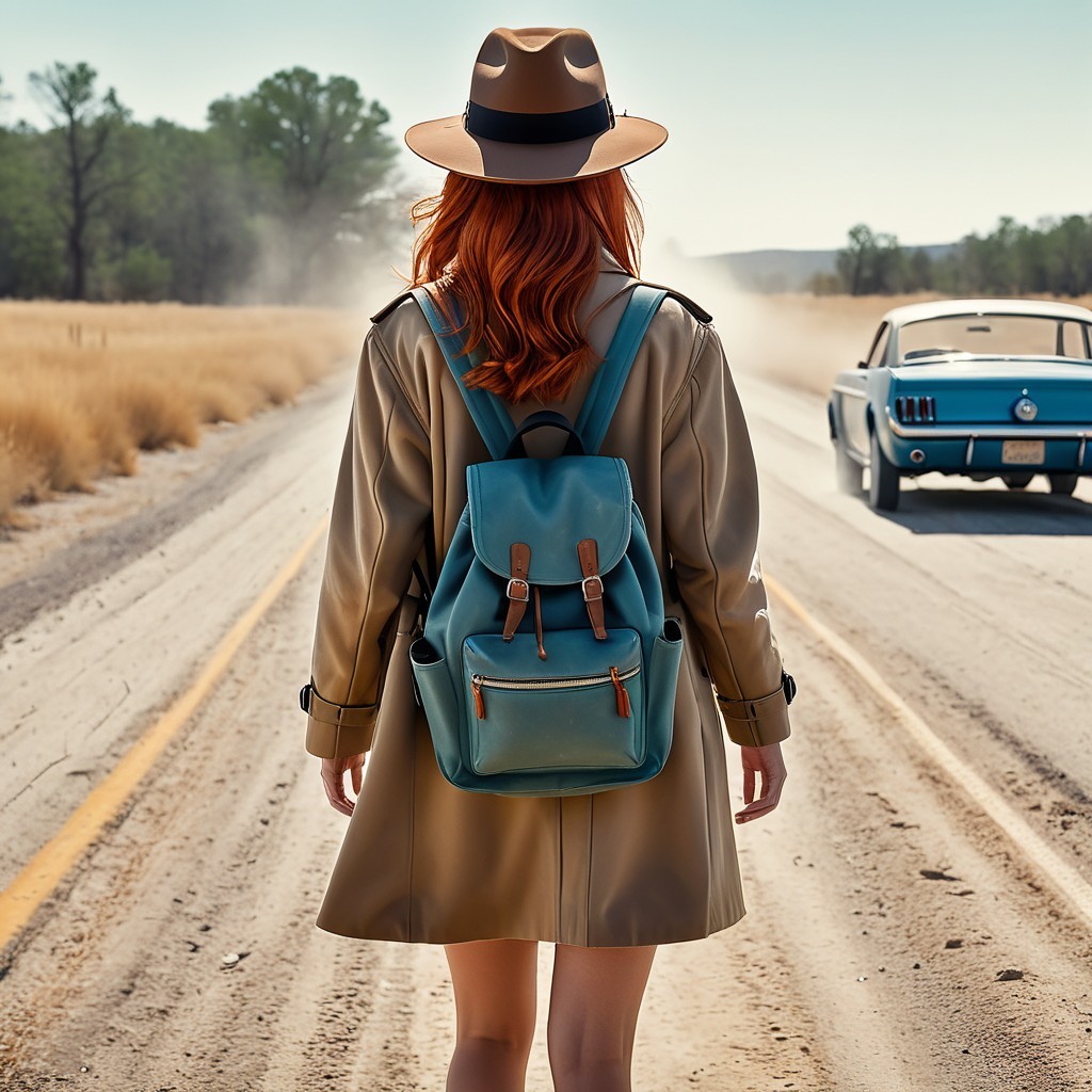 Woman with red hair in trench coat on dusty road