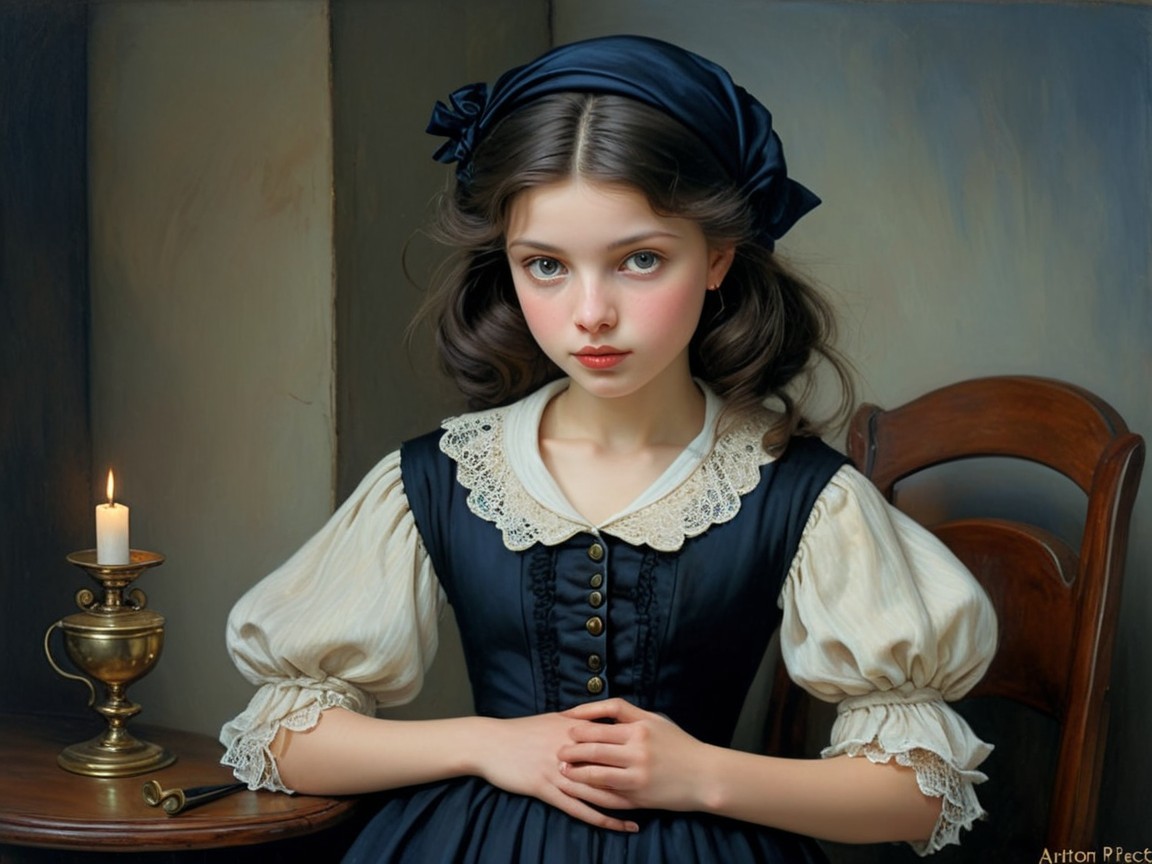 Young girl in black dress at wooden table with candle