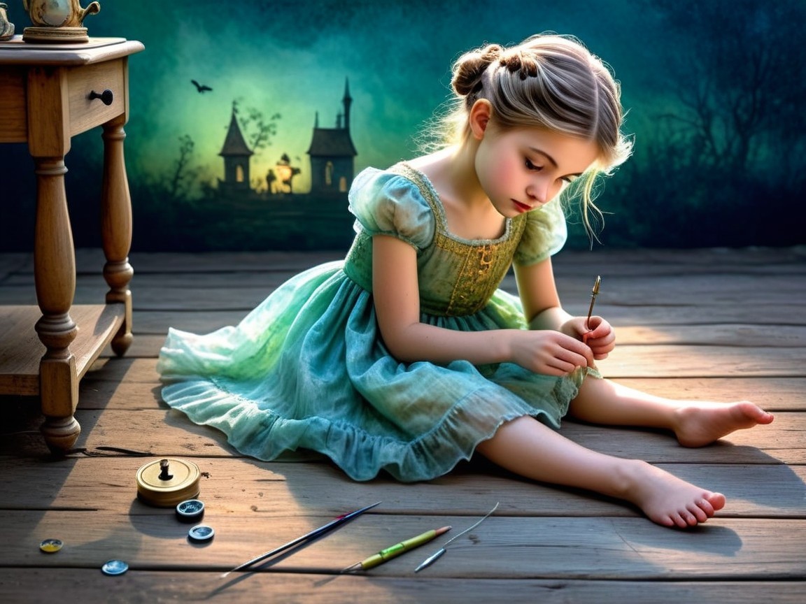 Young Girl Painting with Art Supplies in Twilight Scene