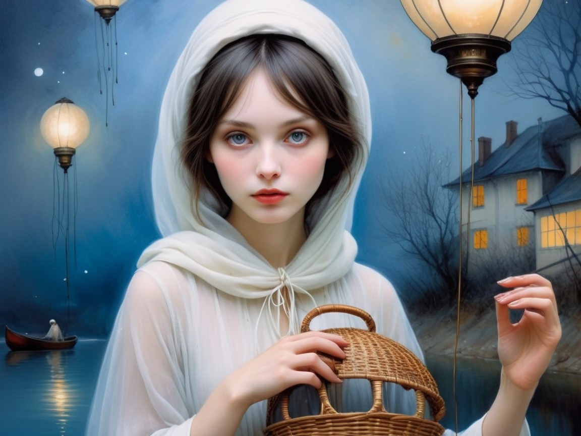 Young Woman in White Garment by Twilight Lakeside