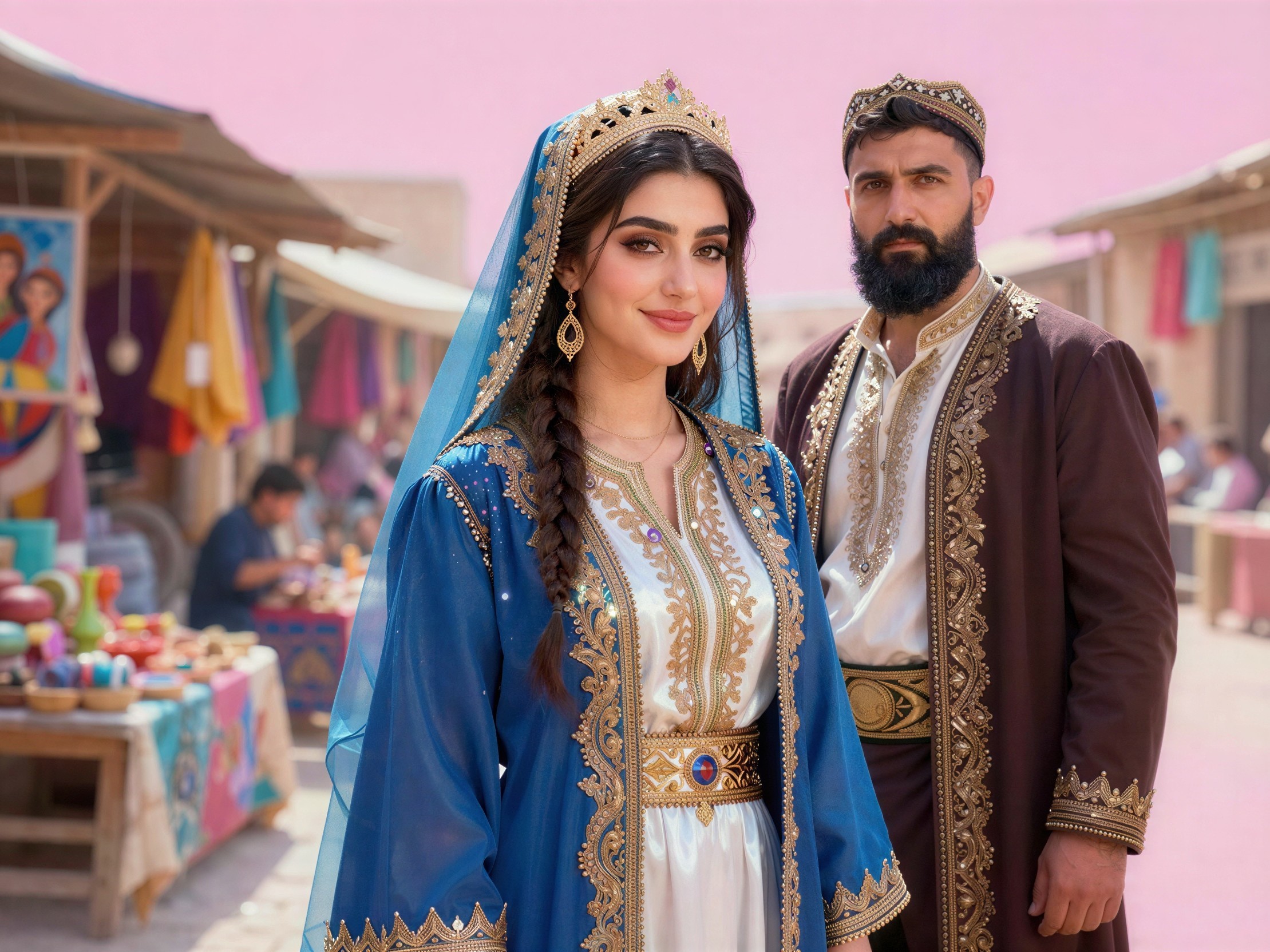 Elegant Couple in Traditional Attire at Vibrant Market