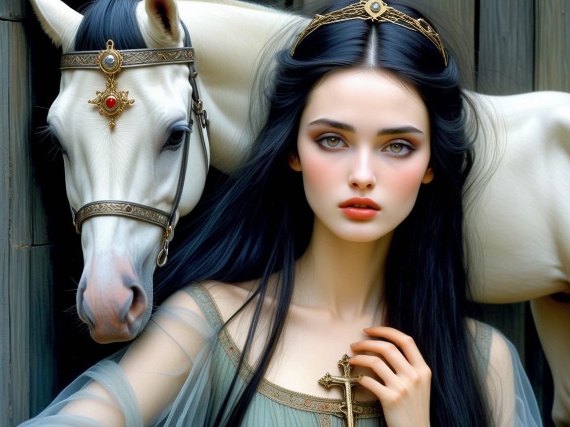 Young Woman with Horse in Serene Rustic Setting
