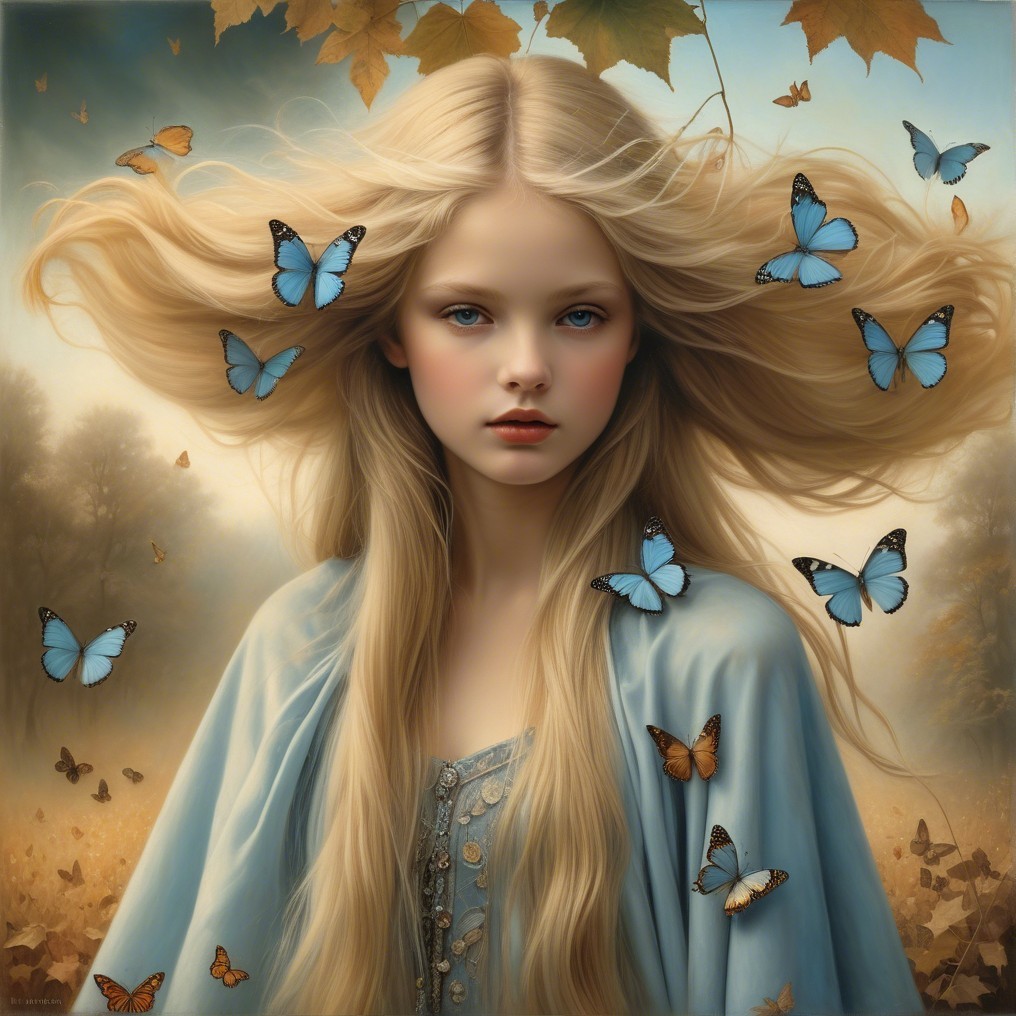 Blonde woman with butterflies in forest clearing wearing blue cloak