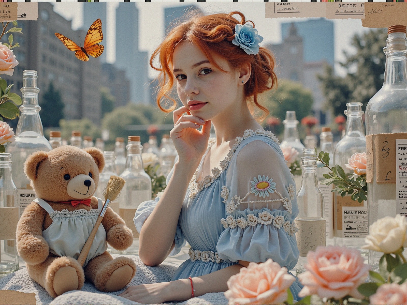 Young woman with red hair in a vintage floral setting