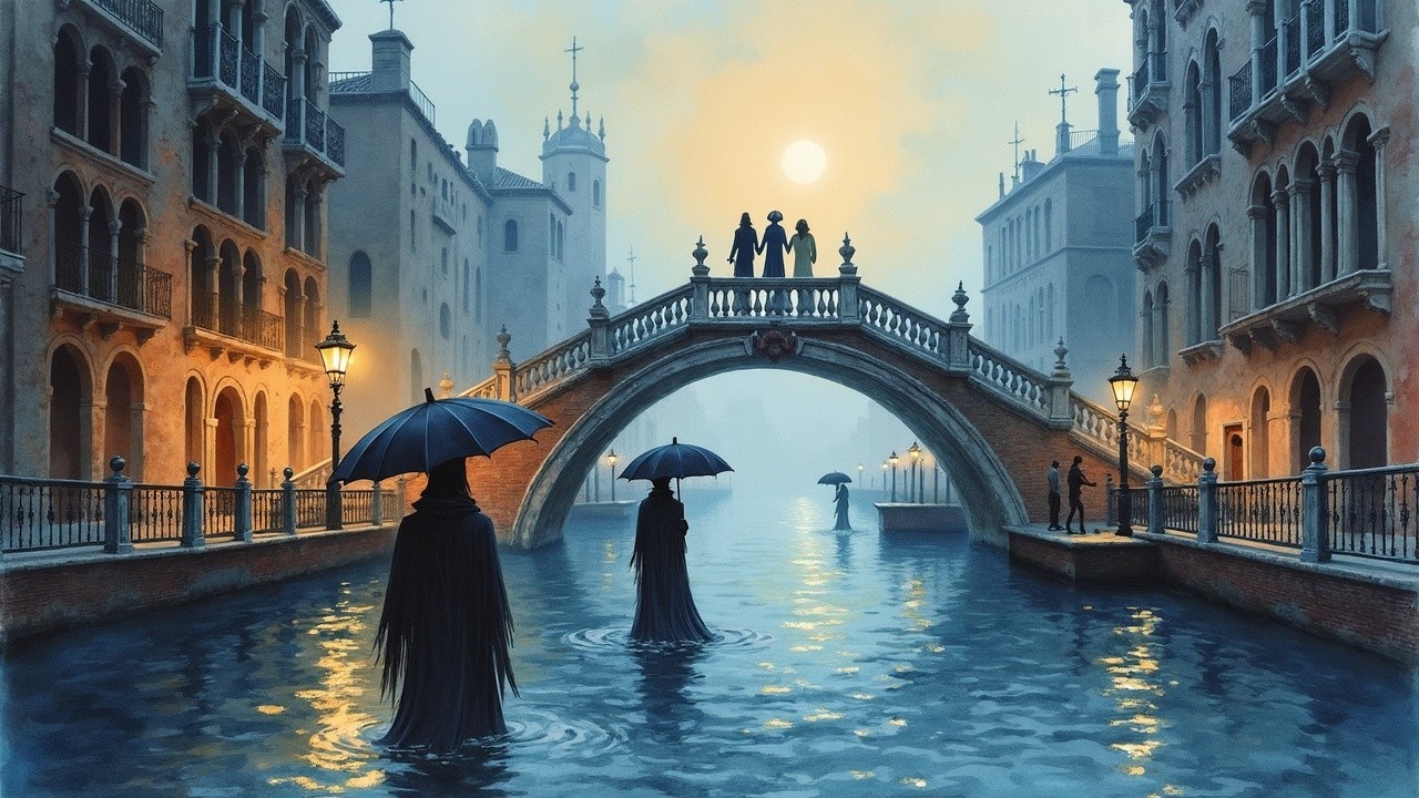 Venetian Canal at Dusk with Silhouetted Figures