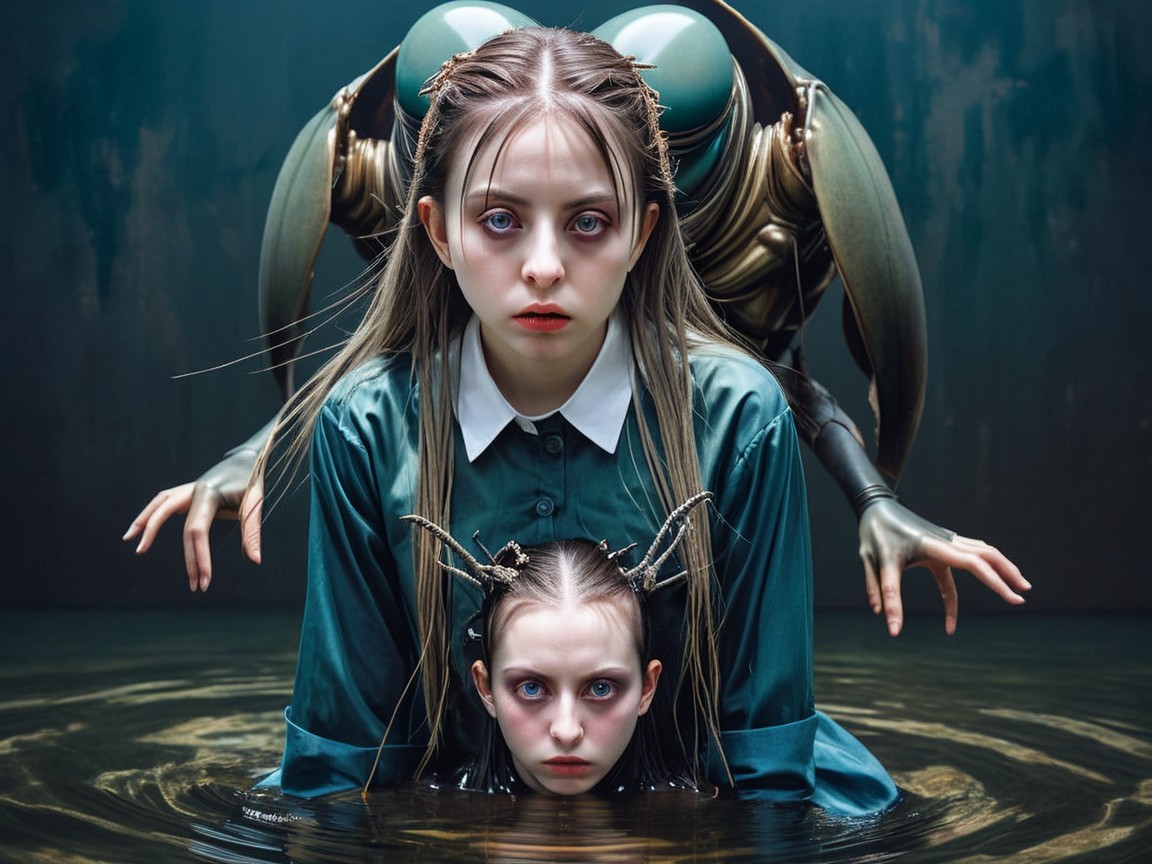 Two Young Girls with Surreal Insect Figure Background